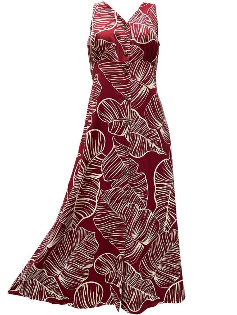 ☀Flowing Paradise Found Red Taro Leaf Button Tank Dress-Vintage 55" Long-Size: L